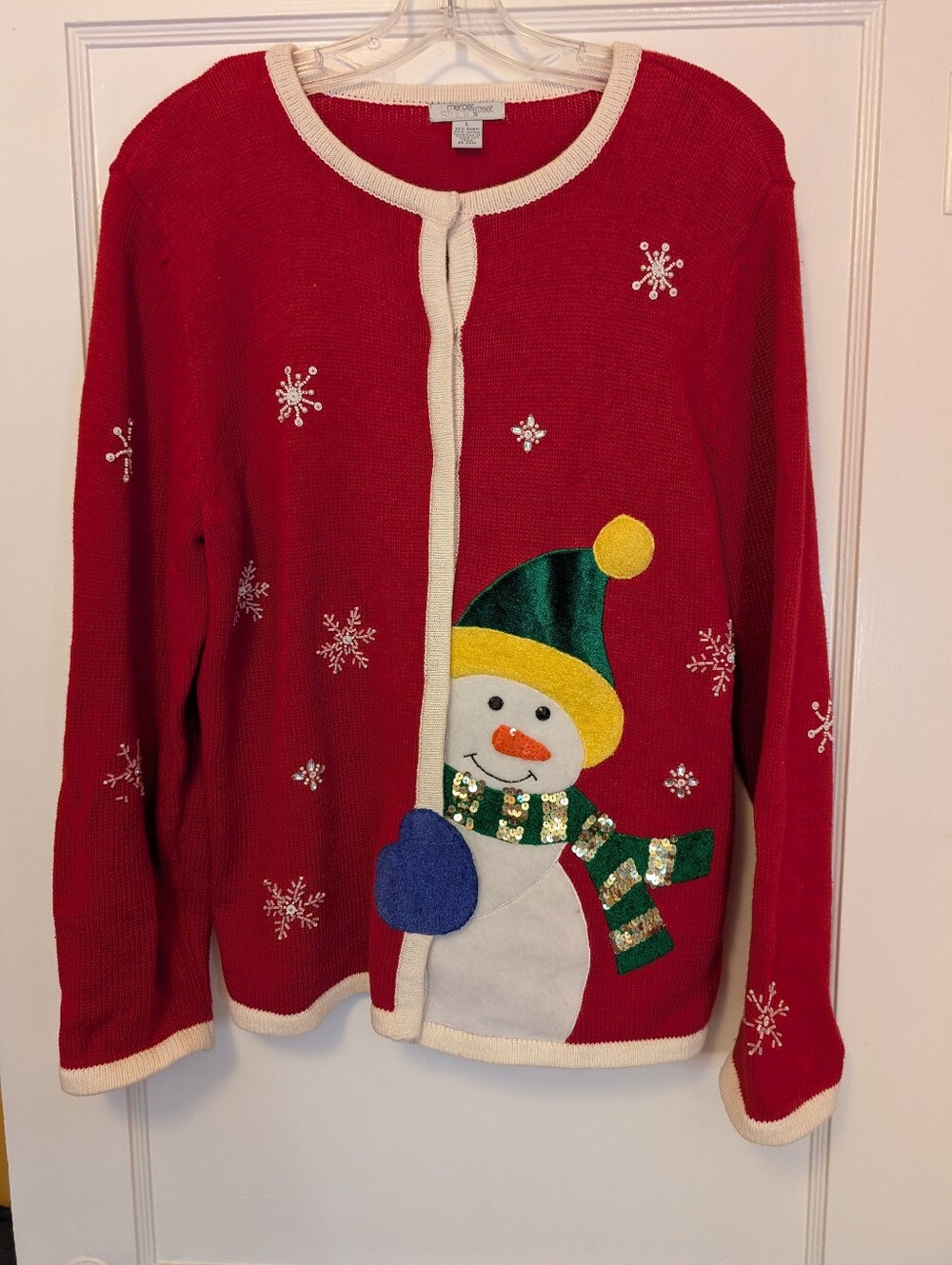 Mercer Street Studio Red Snowman Cardigan with Cream Trim
